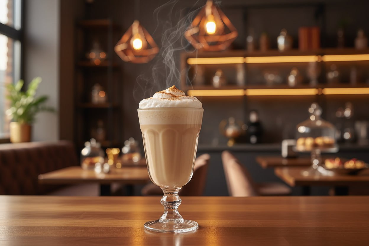 Buğusu tüten sıcak salep fincanı, üzeri tarçın ve kurutulmuş gül yaprağı